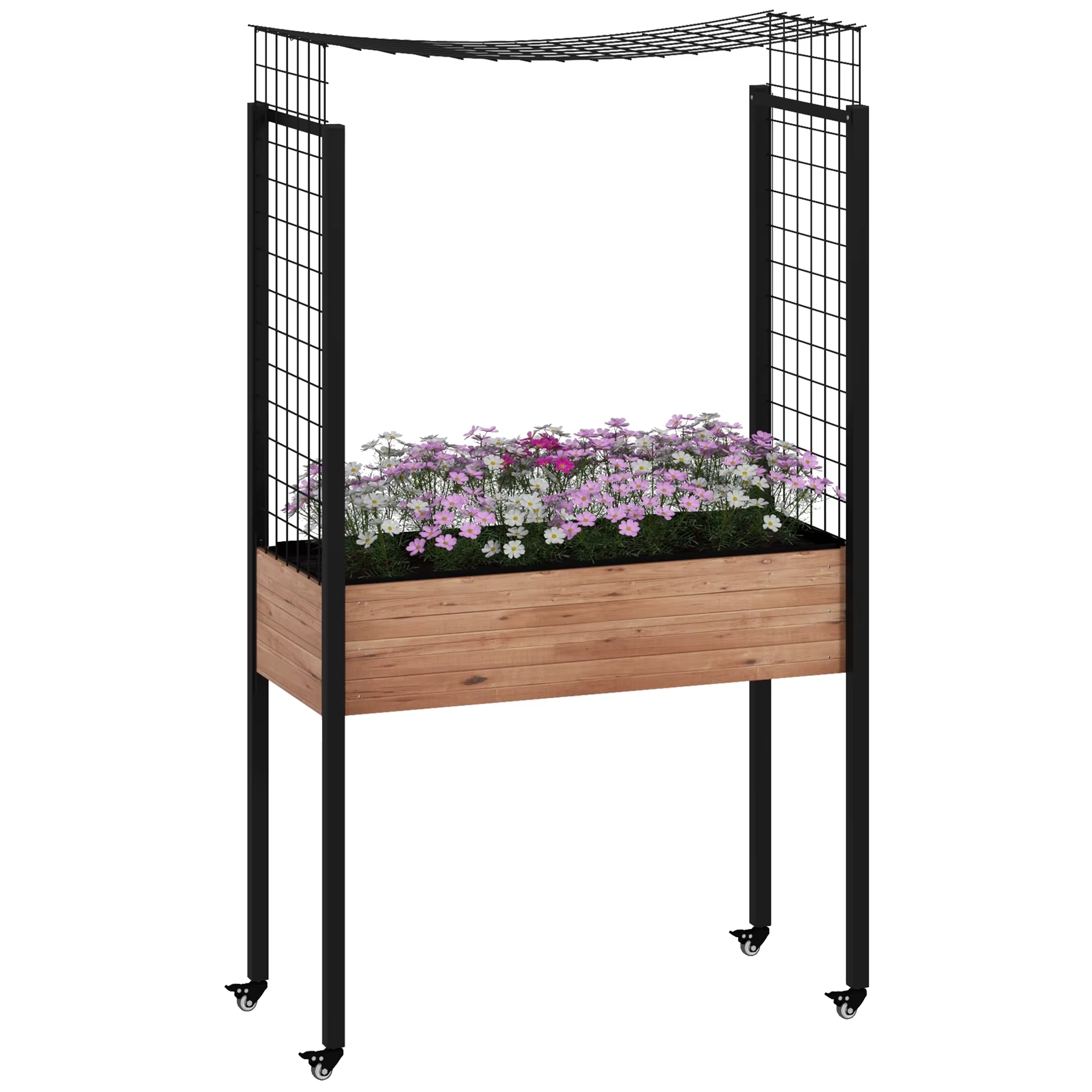 Outsunny wheeled grow table urban garden raised with trellis drainage holes for climbing plant flowers wood planter 110x49x190 cm Brown