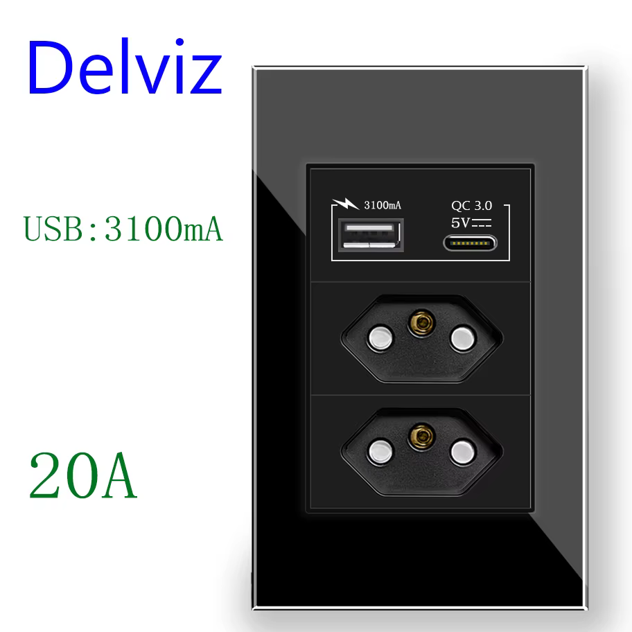 Delviz 20A Electric plug Wall Socket, 3A USB Ports,120mm*72mm Crystal glass Panel,Brazil Standard Type C USB Quick charge Outlet
