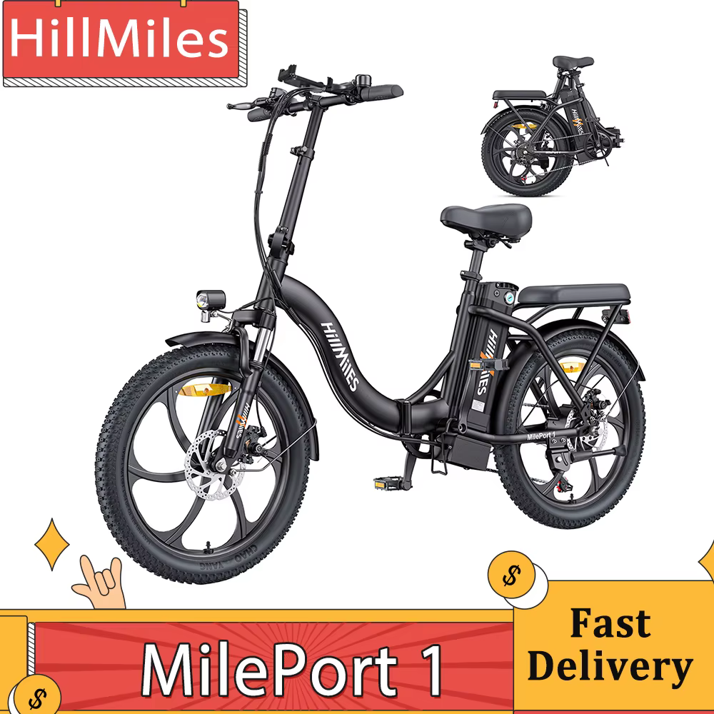 HillMiles MilePort 1 Electric Bike, 250W Motor, 36V 13AH Battery, 20*3.0-inch Tire, 25km/h Max Speed, 100km Max Range Disc Brake