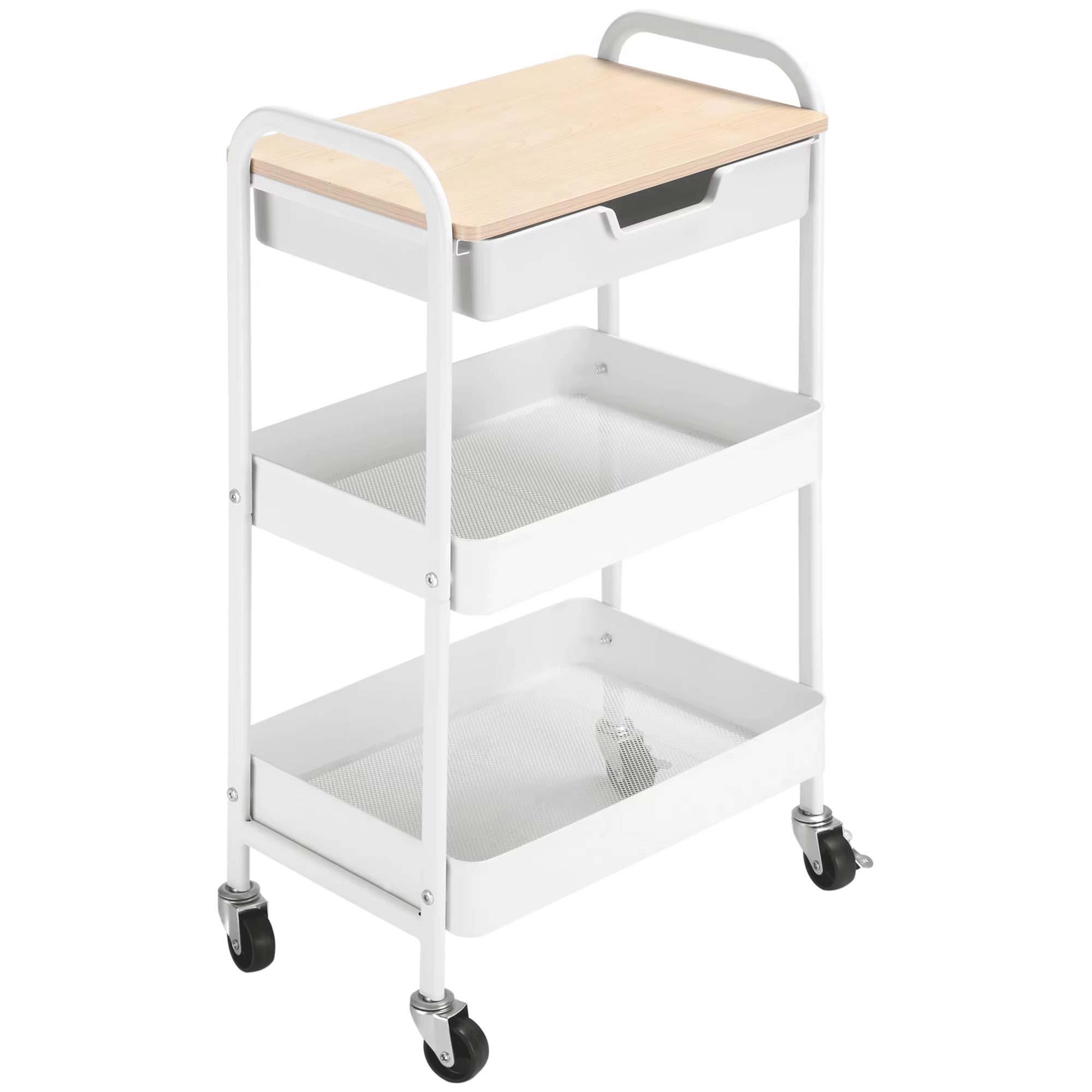 HOMCOM kitchen cart with wheels Storage Cart with removable drawer 2 baskets and brakes for bathroom living room bedroom 43,9x30,5x75,6 cm White