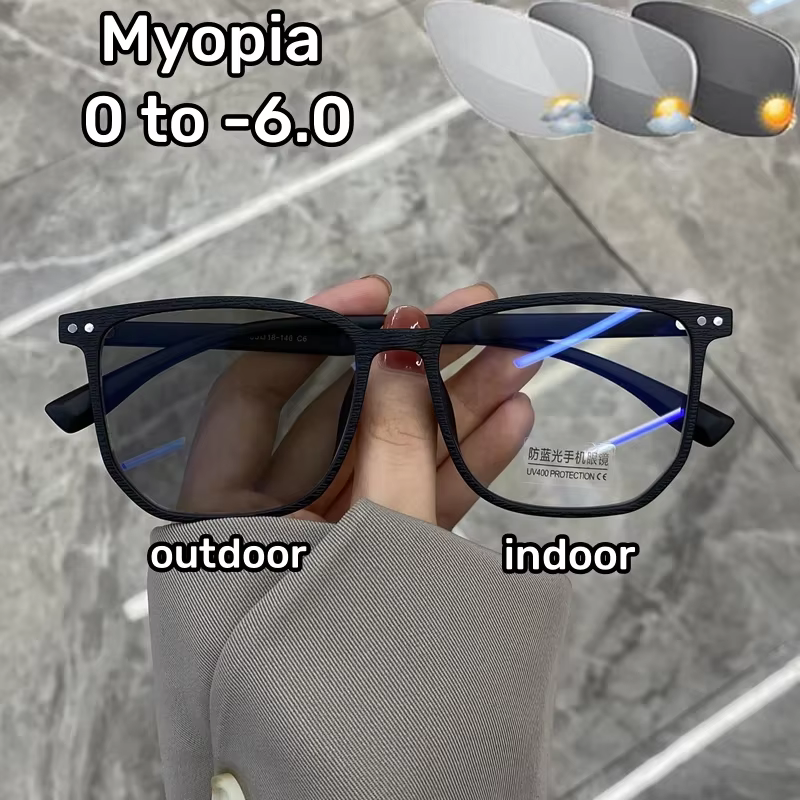 Fashion Photochromic Myopia Glasses Men Women Square Anti Blue Light Finished Prescription Eyewear Ultralights Retro Glasses