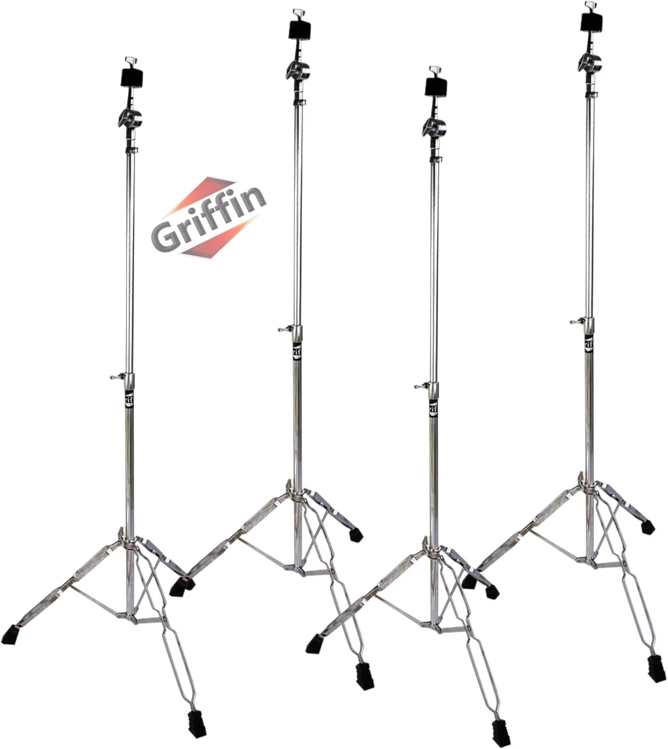 4  Straight Cymbal Stand Set by GRIFFIN | Double Braced Legs, Slip-Proof Gear Holder & Light-Duty for Mobile Drummers | Percussi