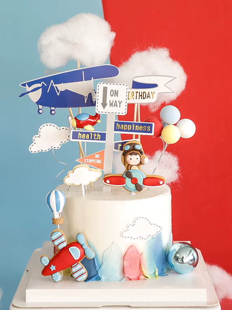 Pilot Themed Cake Decoration Cartoon Red and Blue Flying Airplane Boy Baby First Birthday Party Cloud Balloon Insert Baby Shower