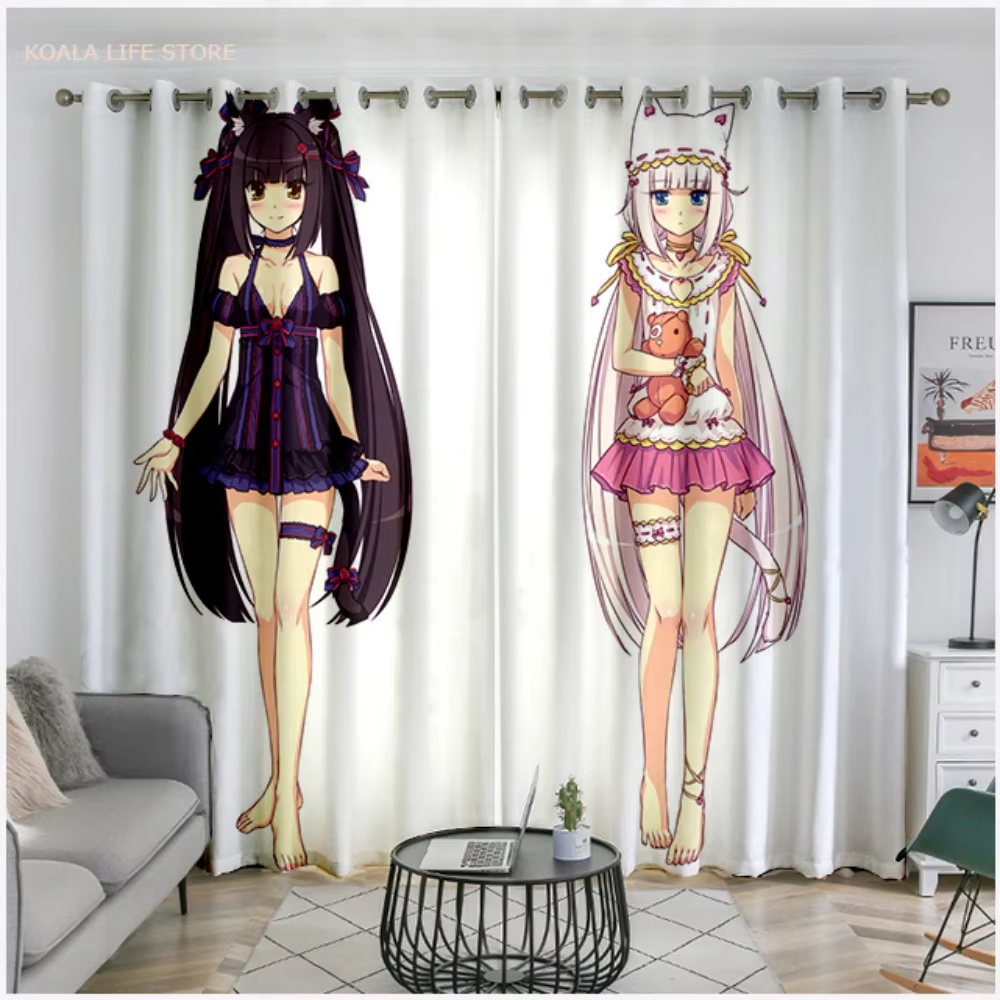 Kawaii Girl Nekopara Window Drapes Blackout Curtains Anime Chocolate And Vanilla Floor-To-Ceiling Bedroom Living Room Curtains