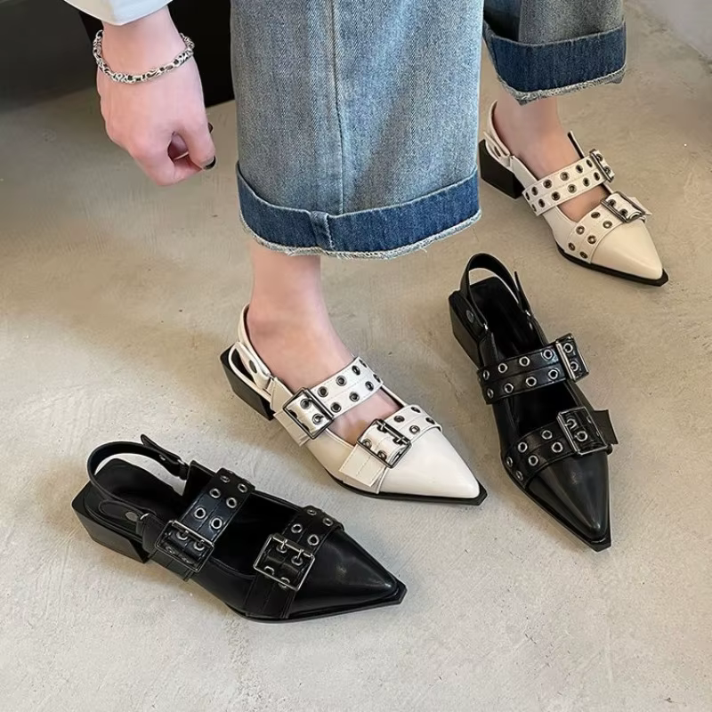 Pointy Mary Jane Shoes for Women 2023 Summer Model with Skirt Small Leather Shoes Retro Chunky Single Shoes for Women