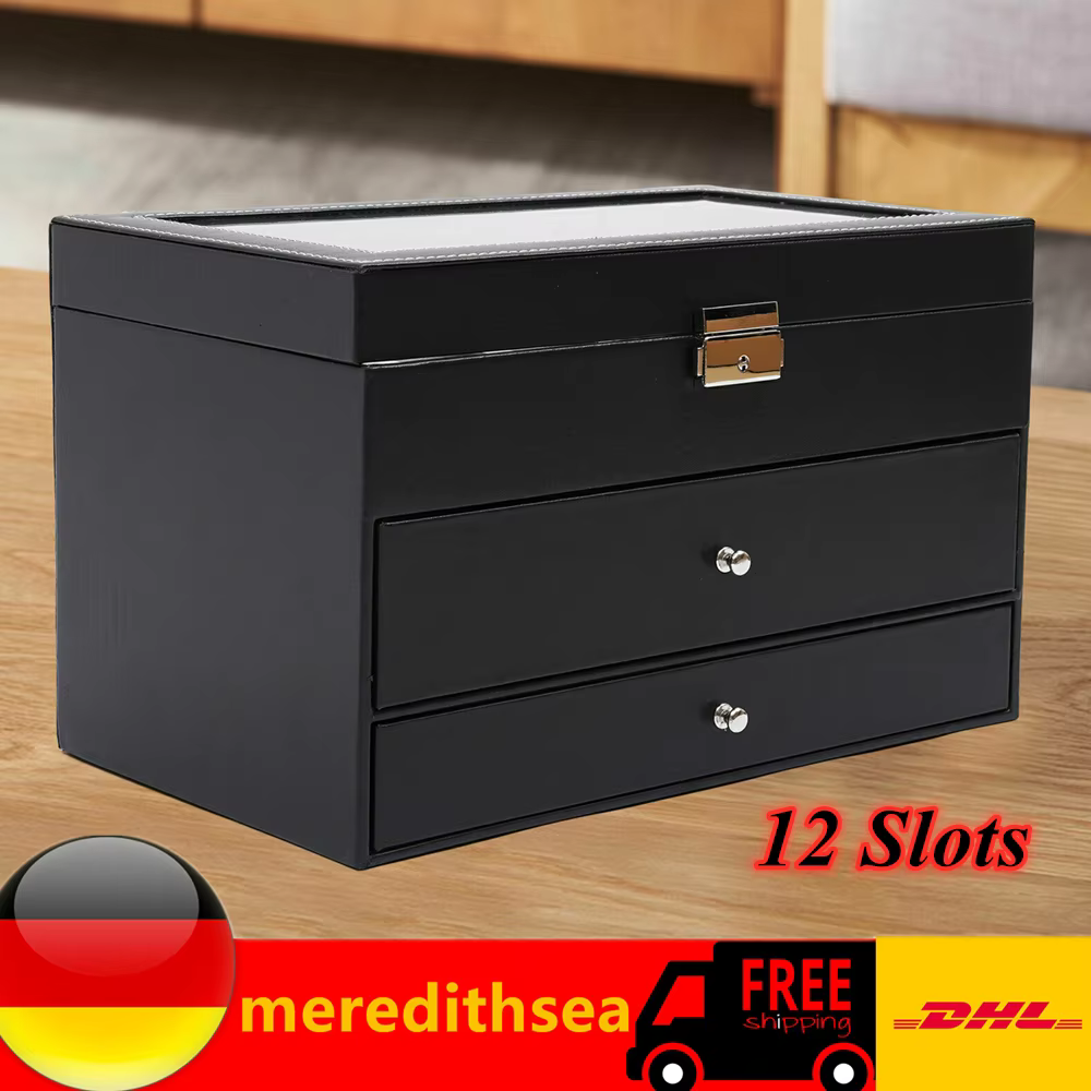 3 Layer Black Leather Watch and Eyeglasses&Sunglasses Box Mens Womens Jewelry Box Watch Organizer Necklace Ring Earring Storage