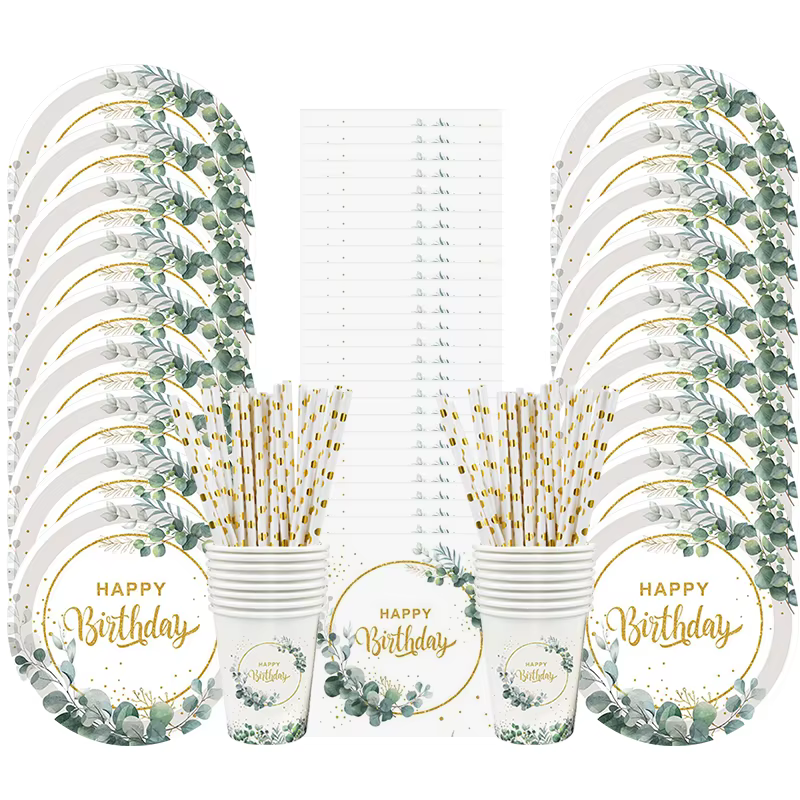 1Set Eucalyptus Happy Birthday Disposable Tableware Paper Plate Cup Napkins Green Leaf Birthday Party Decoration Supplies
