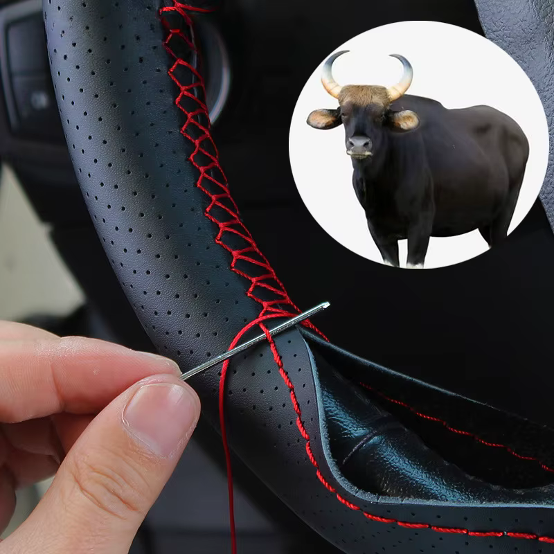 Leather Steering Wheel Cover 37-38cm Universal DIY Braided Car Steering Wheel Protector with Needles and Thread