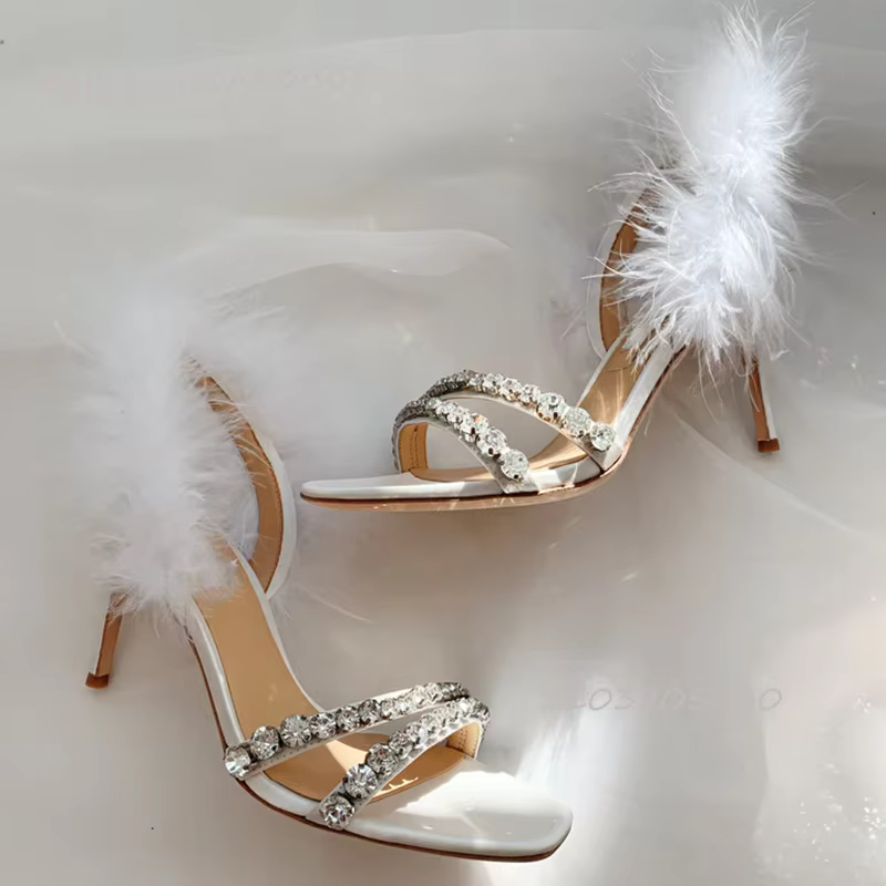 Women Pure White Feathers Crystal Beaded Heels Wedding Bride Open Square Toe Hollow Shallow Elegant Sandals Slingback Bling Shoe