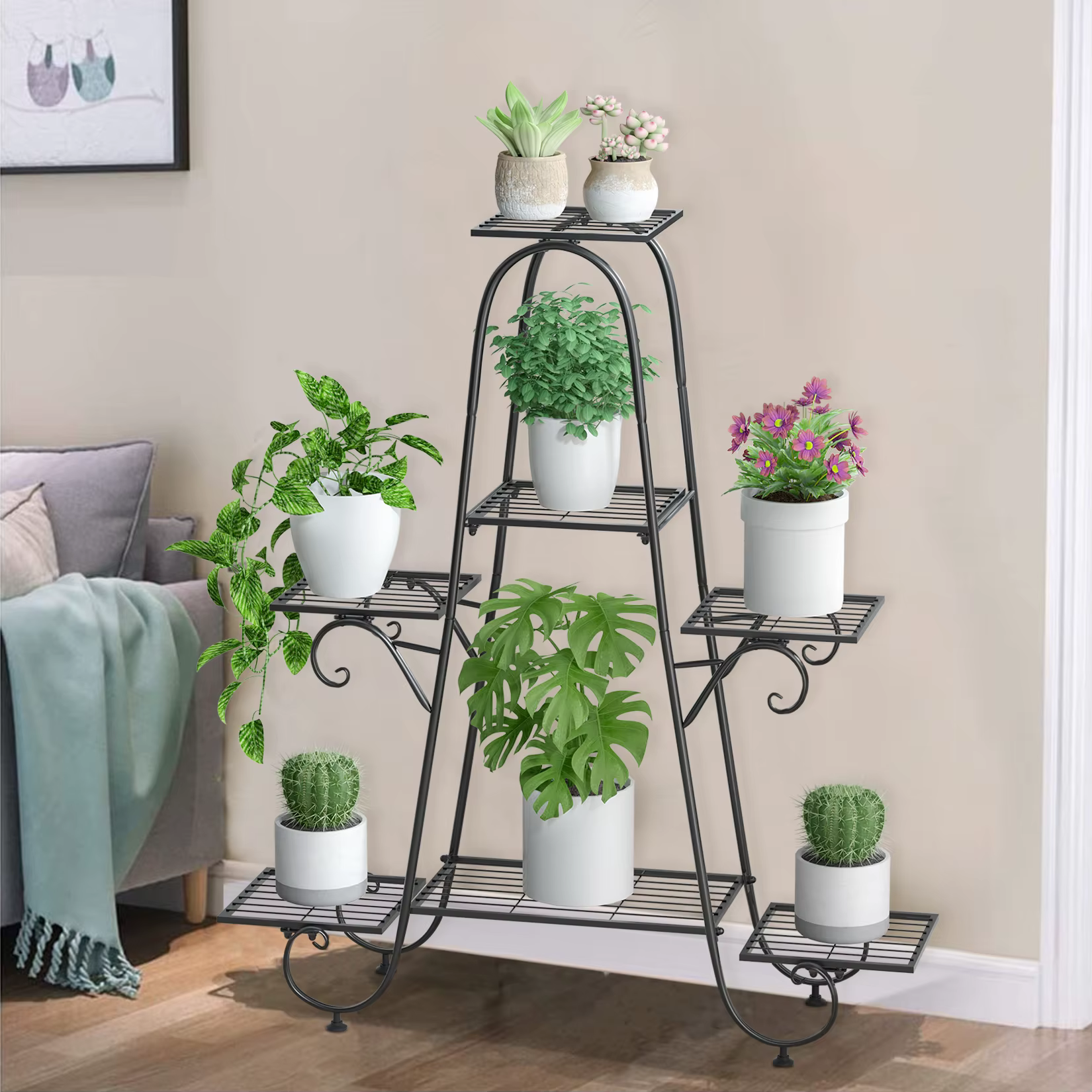 Metal Plant Stand Indoor Outdoor Flower Pot Display Rack Garden Shelf Stand Holder 7 Tiers