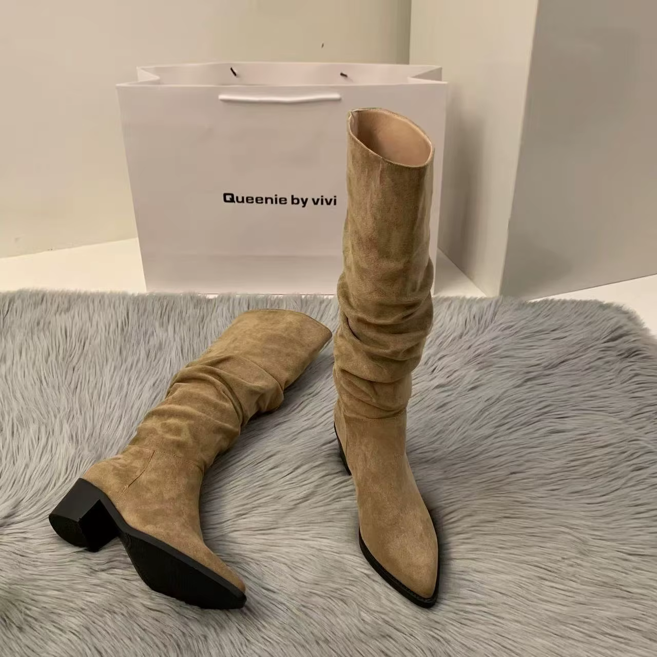 Knight Boots Women Fashion Retro Suede Chunky Heel Pointed Toe High Leg Boot Brown Pleat Pile Sle European and American Boo...