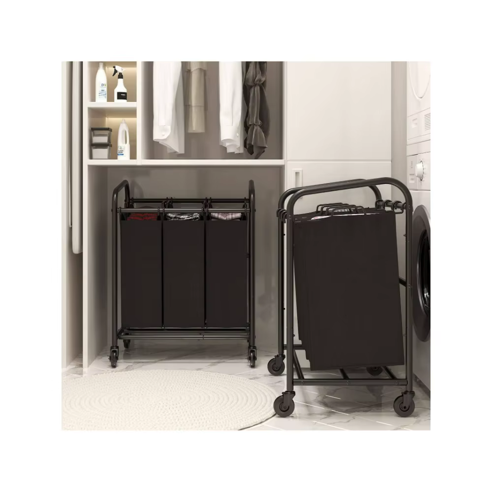 3 Bag Laundry Basket Sorter Laundry Hamper Cart With Heavy Duty Rolling Lockable Wheels And Removable Bags (Black)