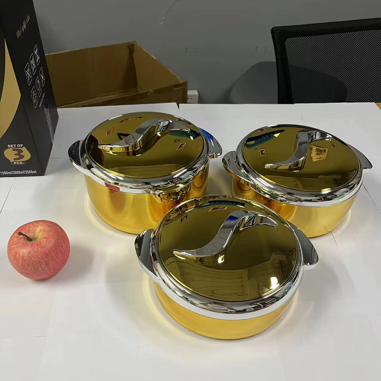 Electroplating Thermal Food Warmer, Insulated Lunch Box, Party Container, 3Pcs Set, 1.5L, 2.0L, 2.5L