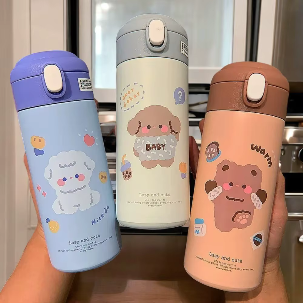 Cute Cartoon Girls 380ML Stainless Steel Thermos Vacuum Flask Insulated Straw Cups Tumbler Thermal Water Bottle Drinkware