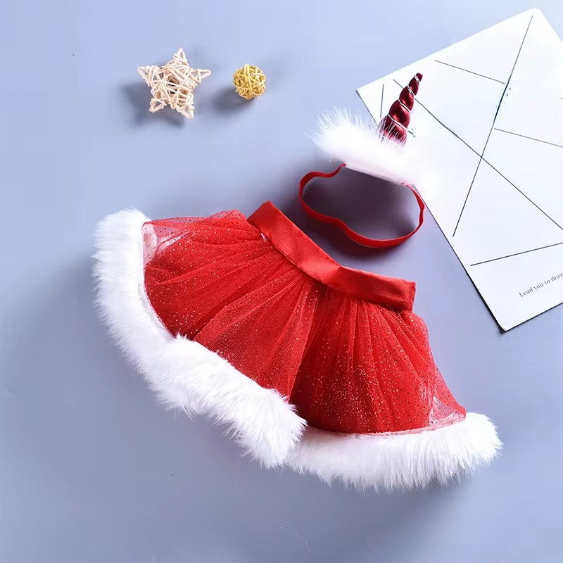 Baby Girl Red Ballet Skirt Mesh Plush Feather Brim Tutu Party Children Gift   navidad  Decoration  Wedding Festival