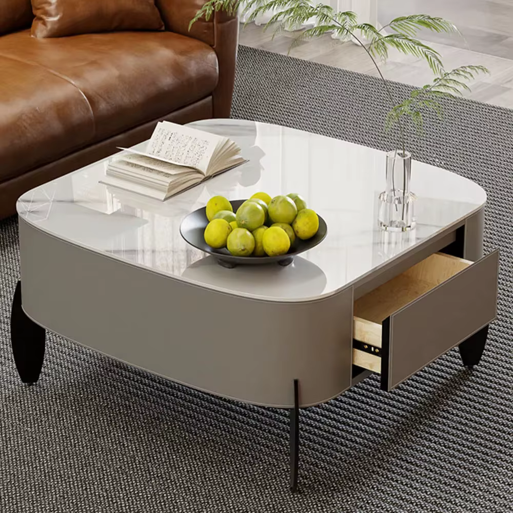 Large Modern Coffee Table with Drawers, Coffee Table with Metal Legs Center Marble  Table