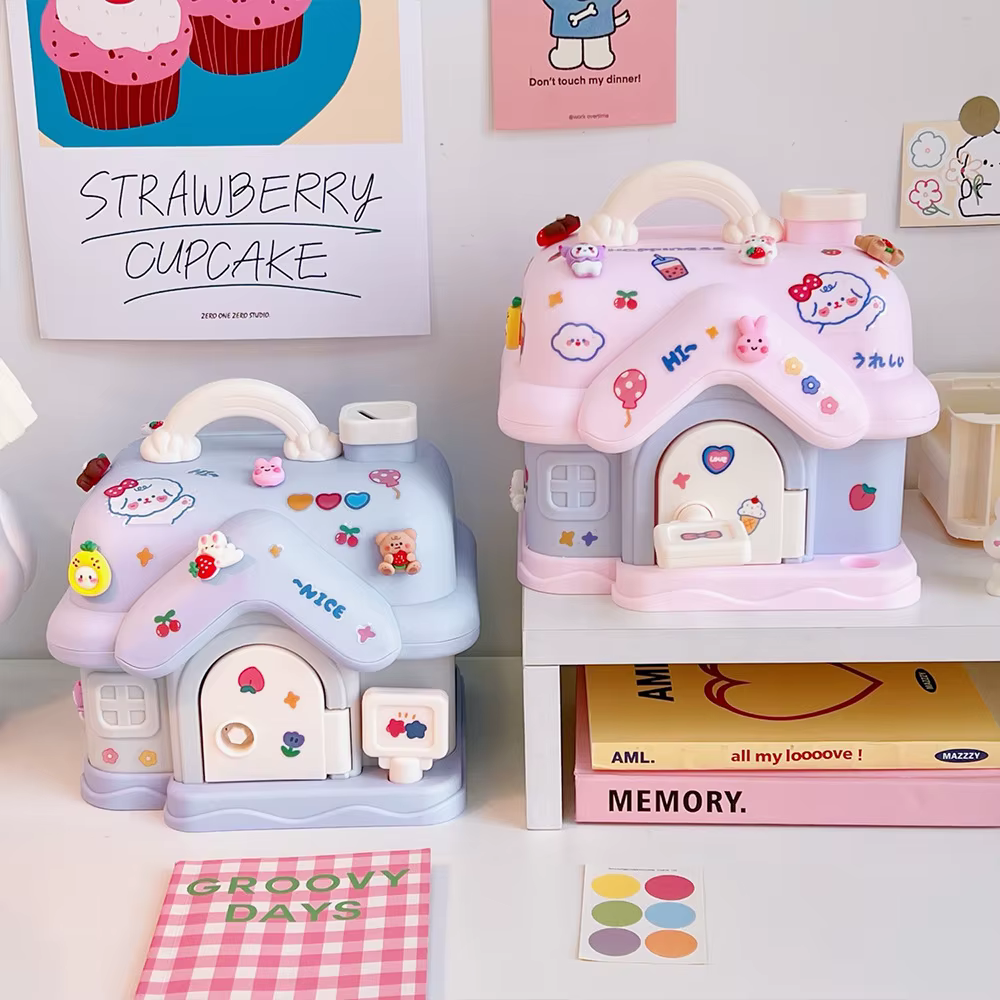 Creative Small House Savings Can for Children and Girls Savings Can for Students with Durable Drop and Lock Storage Box
