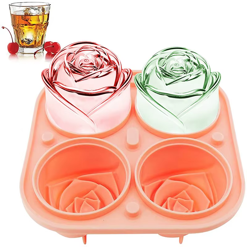 Rose Ice Ball Molds 2.5 Inch Large Silicone Ice Cube Trays Make 4 Giant Flower Maker for Cocktails Juice Whiskey Dishwasher Safe