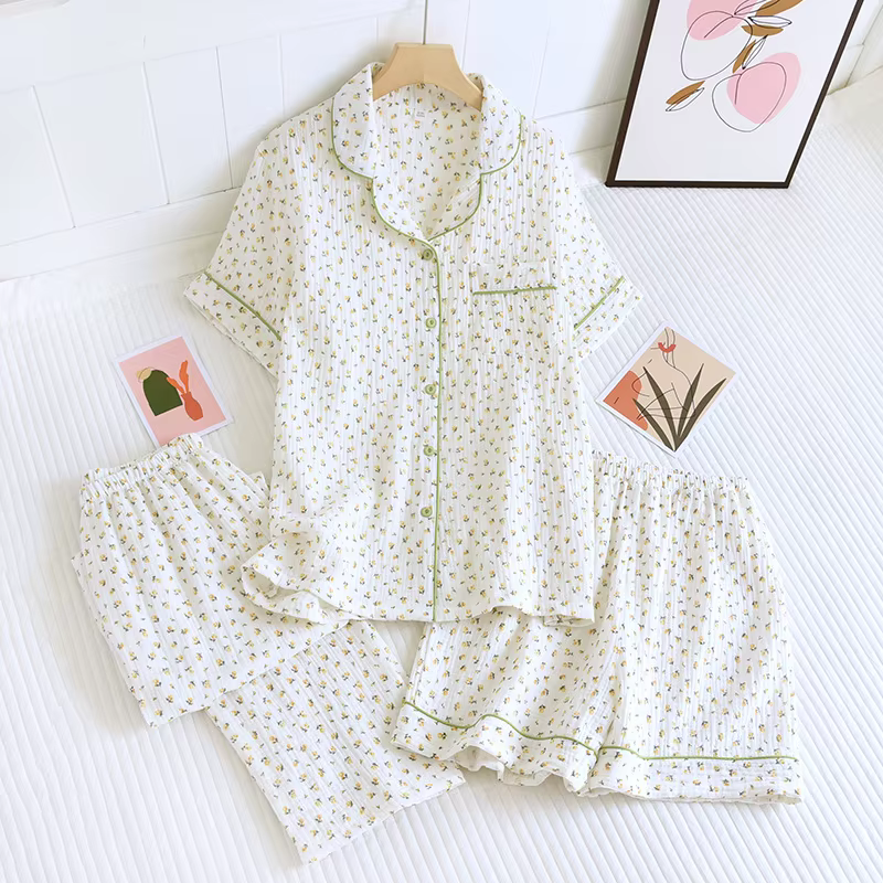 New summer women's cotton crepe three-piece short sleeve + shorts + trousers large size simple flower pajamas home service suit