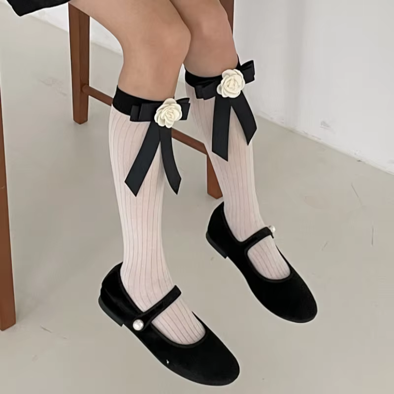 Lolita JK Bow Lolita Socks Camellia Long Socks Calf Jk Socks Female Summer Thin Socks Harajuku Accessories Knee High JK Socks