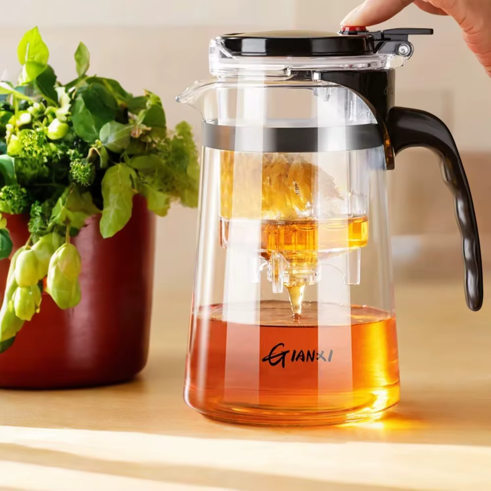 Thickened Glass Teapot with Infuser, Heat-Resistant Tea Pot with One-Button Filtering, Kettle for Tea and Coffee Making, Tea Sep