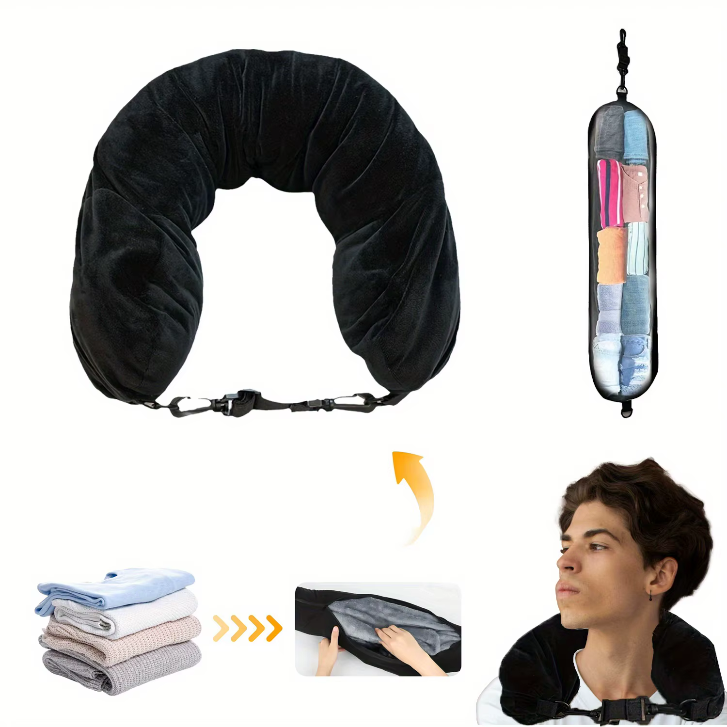 Space-Saving Travel Neck Pillow With Clothes  - Soft, Portable Comfort, Easy Zipper For Easy Pieceing, Machine Washable Malbon