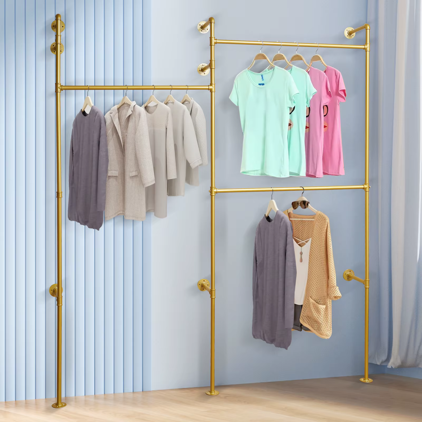 Wall Mount Industrial Pipe Clothing Rack For Homes, Clothing Stores, Hotels, Garment Factories(Gold)