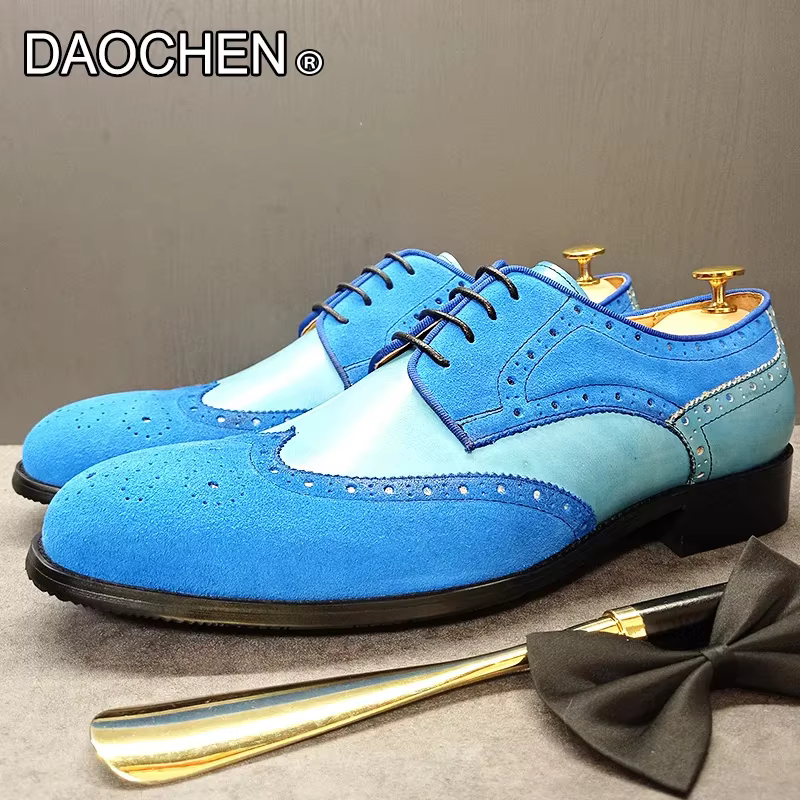 LUXURY MEN LEATHER SHOES SKY BLUE SUEDE DERBY OXFORDS BROGUE LACE UP MAN DRESS SHOES WEDDING OFFICE CASUAL SHOES FOR MEN