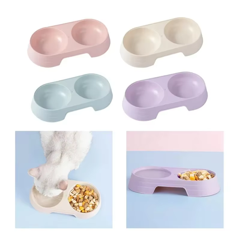Dogs and Cats Feeding Double Bowl Macarons Plastic Feeding Bowl Double Bowl Pet B owl Drinking Water Feeding