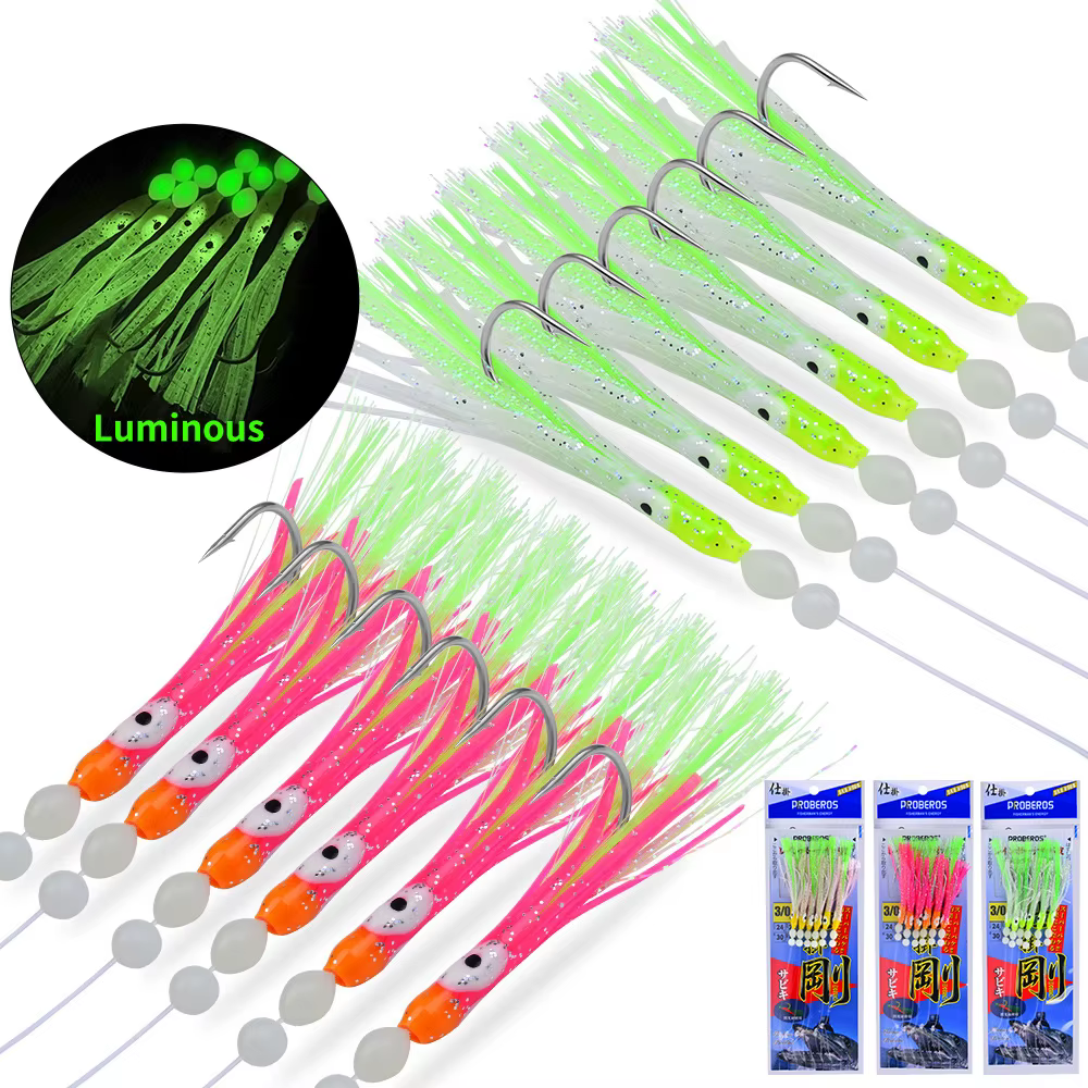 1 set 6-Hooks Luminous Octopus Mackerel Feathers Sabiki Bait Rigs with String Lures Fishing Squid Marathon Rigs Fishing Lure Set