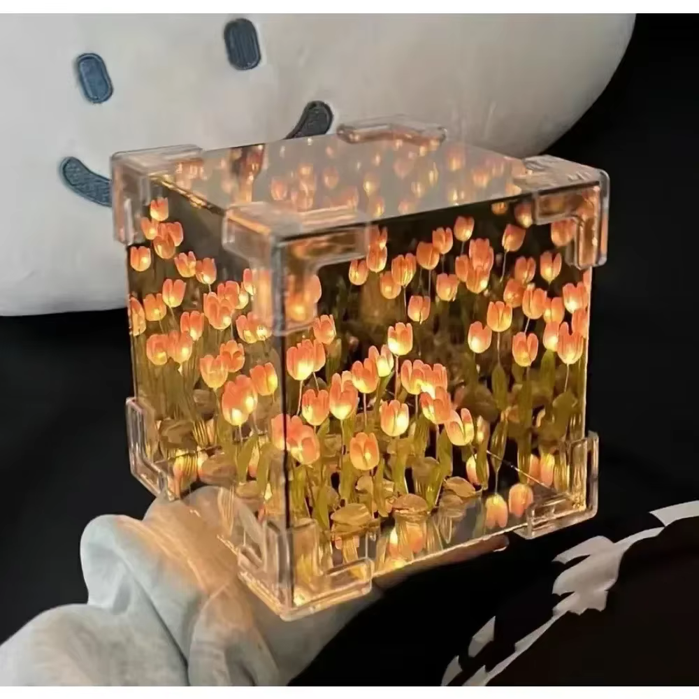 Diy Tulip Flower Sea Cube Three-Dimensional Creative Night Lamp Material Package for Girlfriend Couple Girlfriend Miniatures