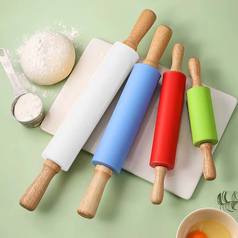 Non-Stick Silicone Rolling Pin Wooden Handle Pastry Dough Flour Roller Kitchen Cooking Baking Tool For Pasta Cookie Dough