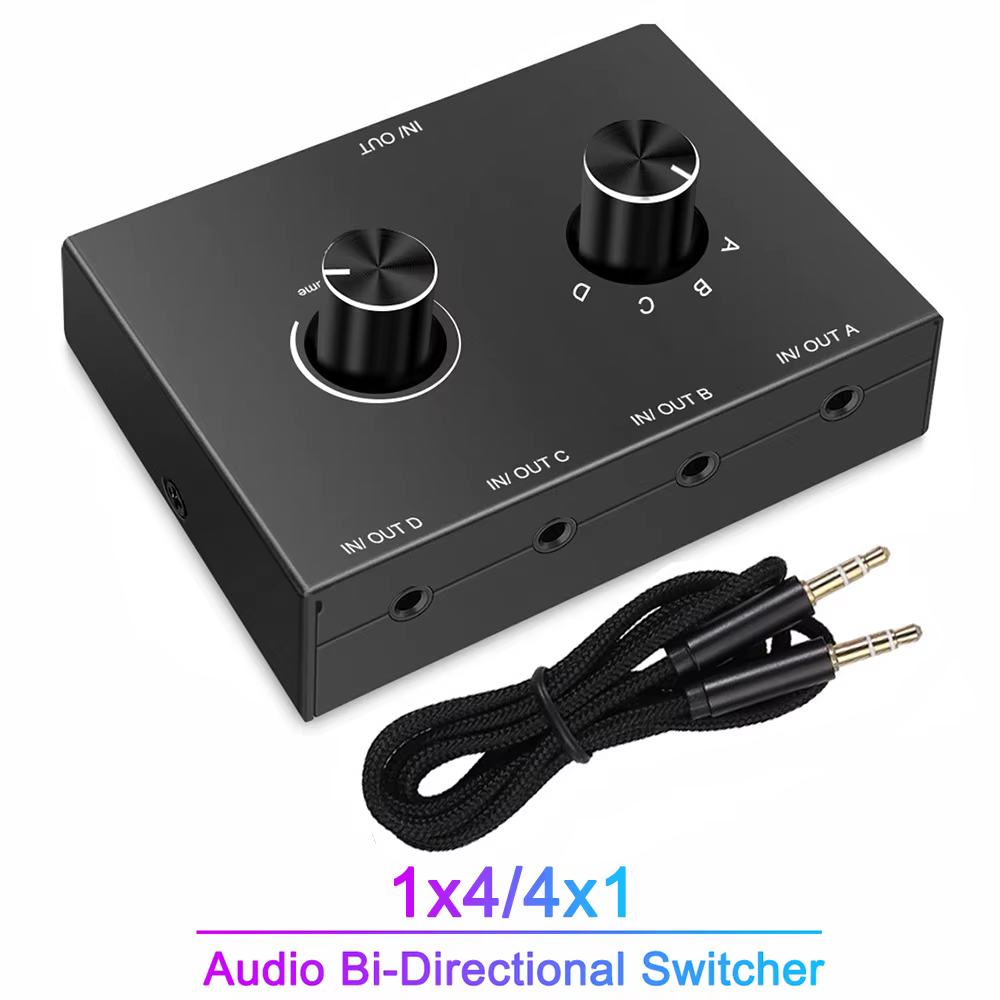 4 Way 3.5mm Jack Audio Switcher Stereo Bi-Directional Audio Switch Splitter Box 4 In 1 Out / 4 In 1 Out with Mute Button