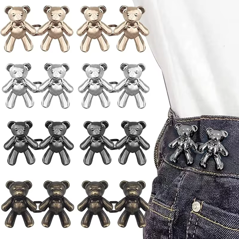 1Pair Cute Bear Jeans Button Pins No Sew Detachable Waist Body Extender Adjustable Bear Clips for Loose Jean Fit Tighten Buckles
