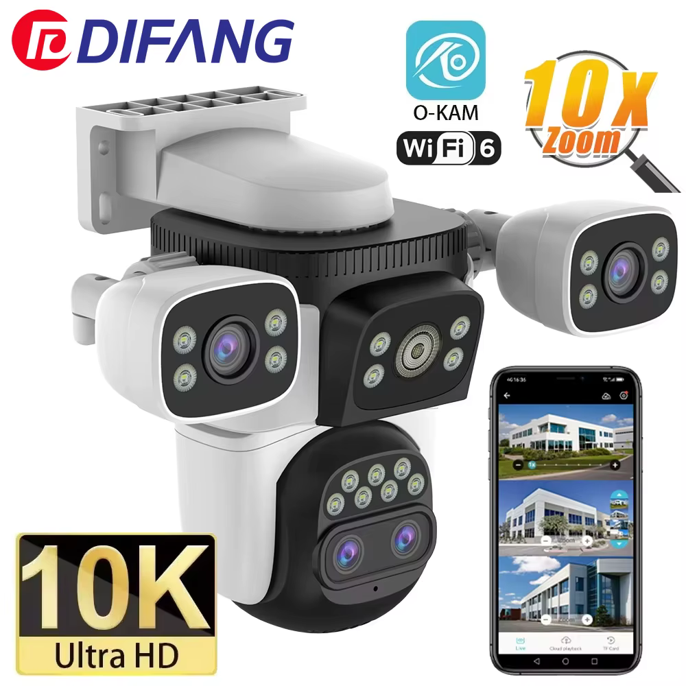 10K Outdoor 10X Optics Zoom WiFi6 Camera 20MP Four Screen Four Lens PTZ Automatic Tracking 6K Dual Lens Waterproof Security CCTV
