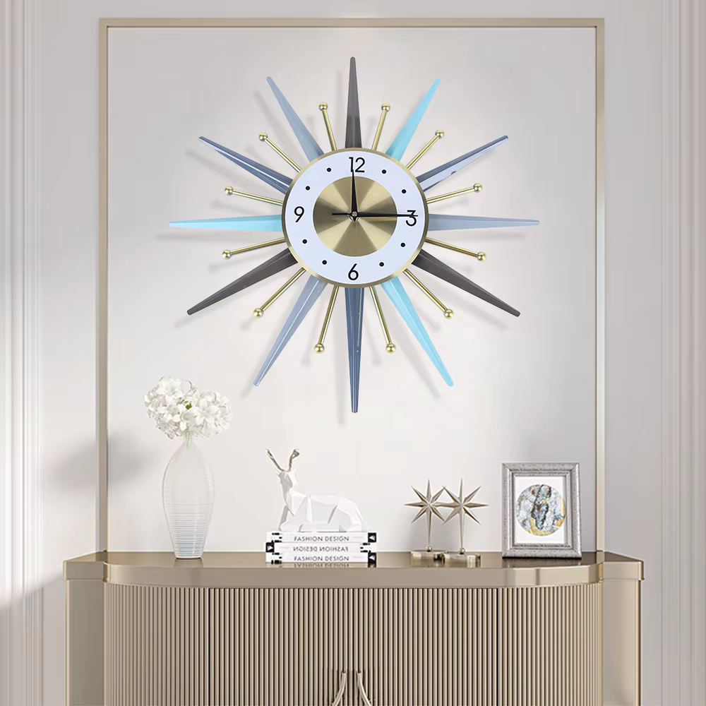 Simple Nordic Vintage Style Mid Century Starburst Wall Clock Wall Watch Decor Sunburst Non-Ticking Quiet Metal for Living Room
