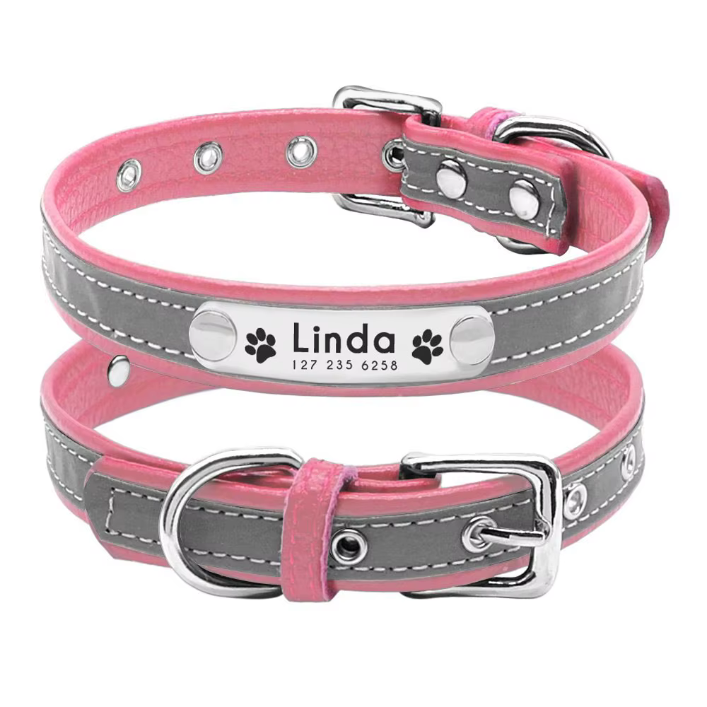 Engraved Reflective Dog Collar Anti-lost Leather Stainless Nameplate Id Name Steel Buckle Cute Pink  Small Medium Large Dogs