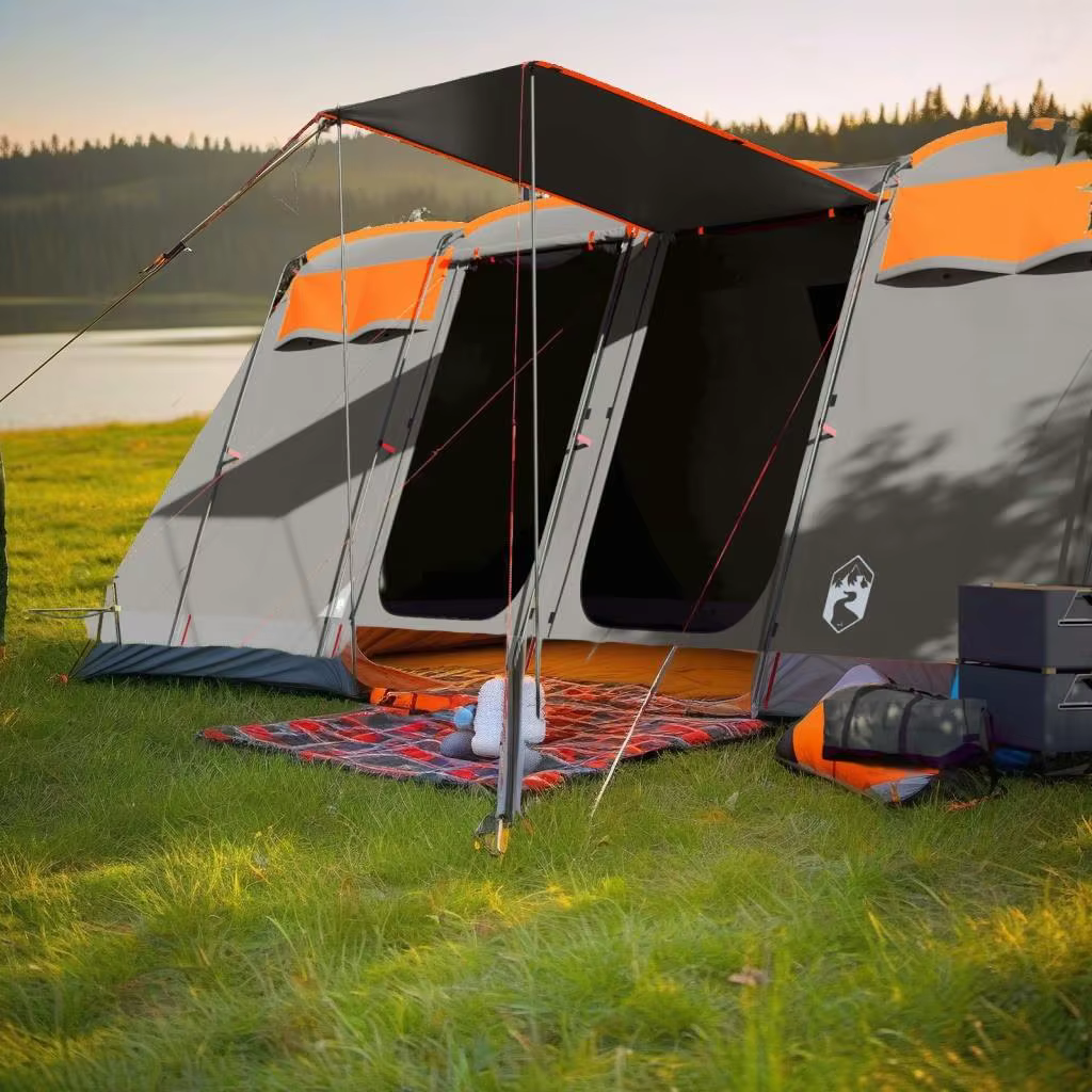 10-Person Waterproof Family Tunnel Tent in Grey & Orange - Ideal for Camping Adventures