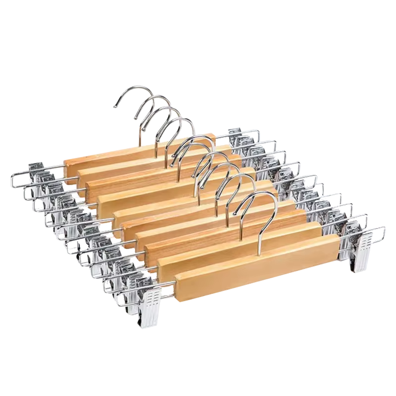 Wooden Skirt Hangers with Adjustable Clips (Pack of 1/5) Non-Slip Trouser Hanger Natural Finish Lotus Wood Pants hangers 360 Deg