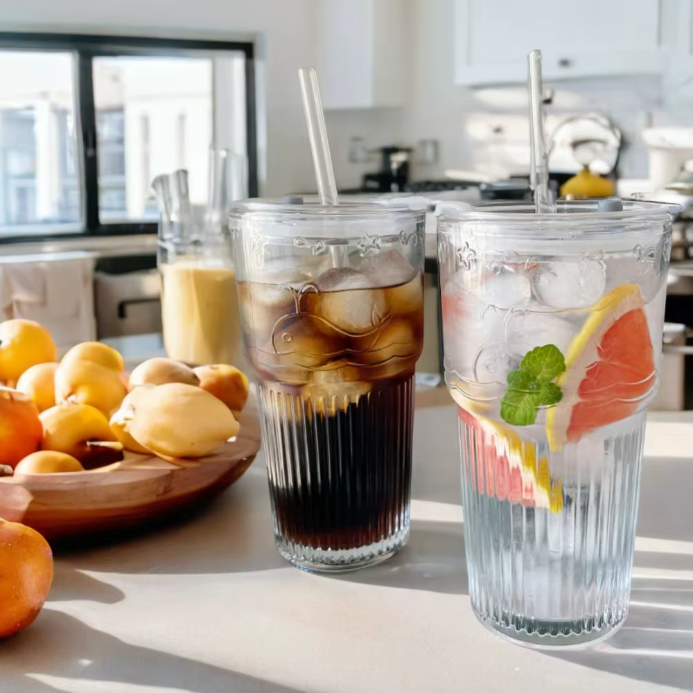 Transparent Stripe Glass Cup with Lid and Straw - 600ml Capacity - Stylish Drinking Glasses for Juice, Iced Coffee, and Water - 