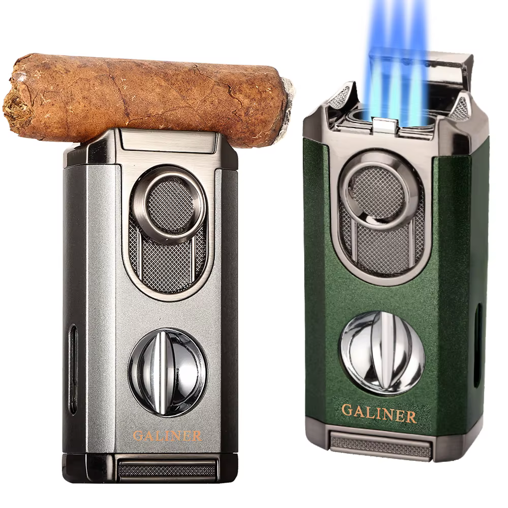 GALINER Cigar Lighter With V-Cut Cigar Cutter Metal Portable 3 Jet Blue Flame Torch Lighters Smoking Tool