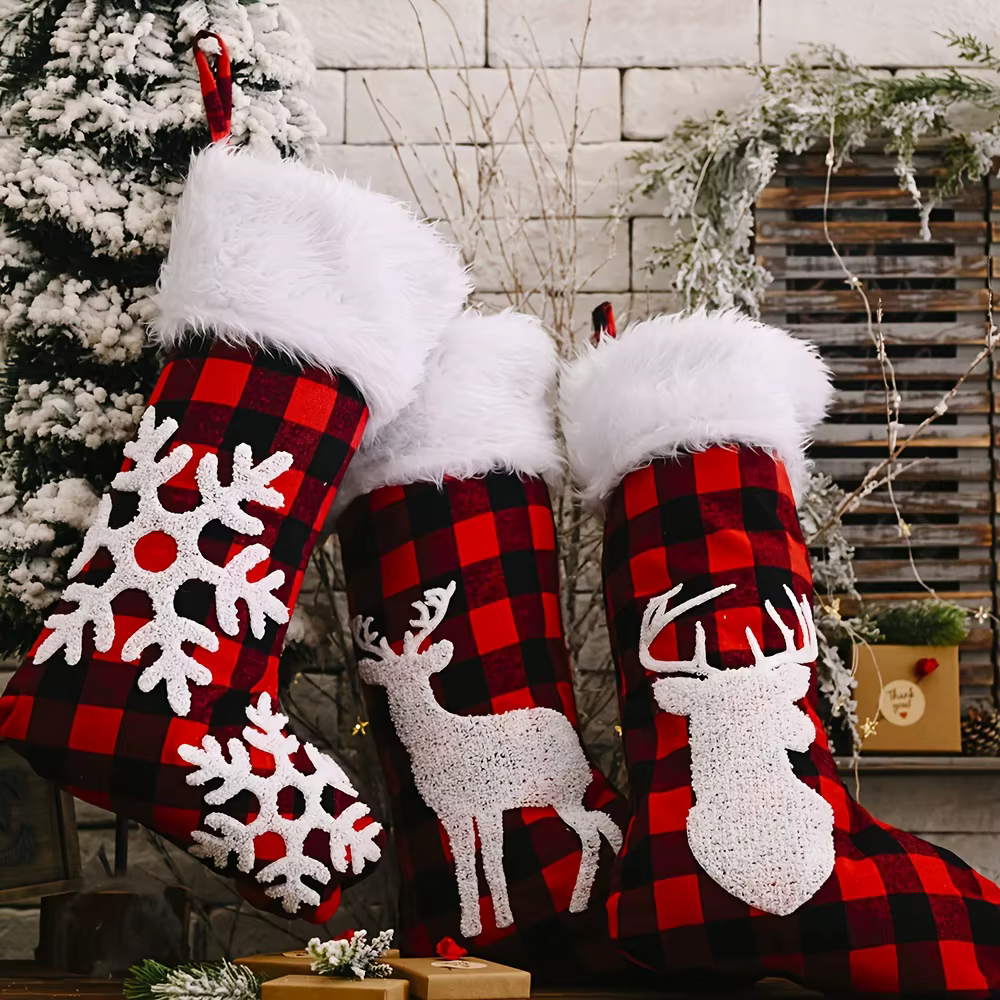 1pc Christmas Decorations Red And Black Plaid Christmas Socks Elk Snowflake Christmas Socks Pendant