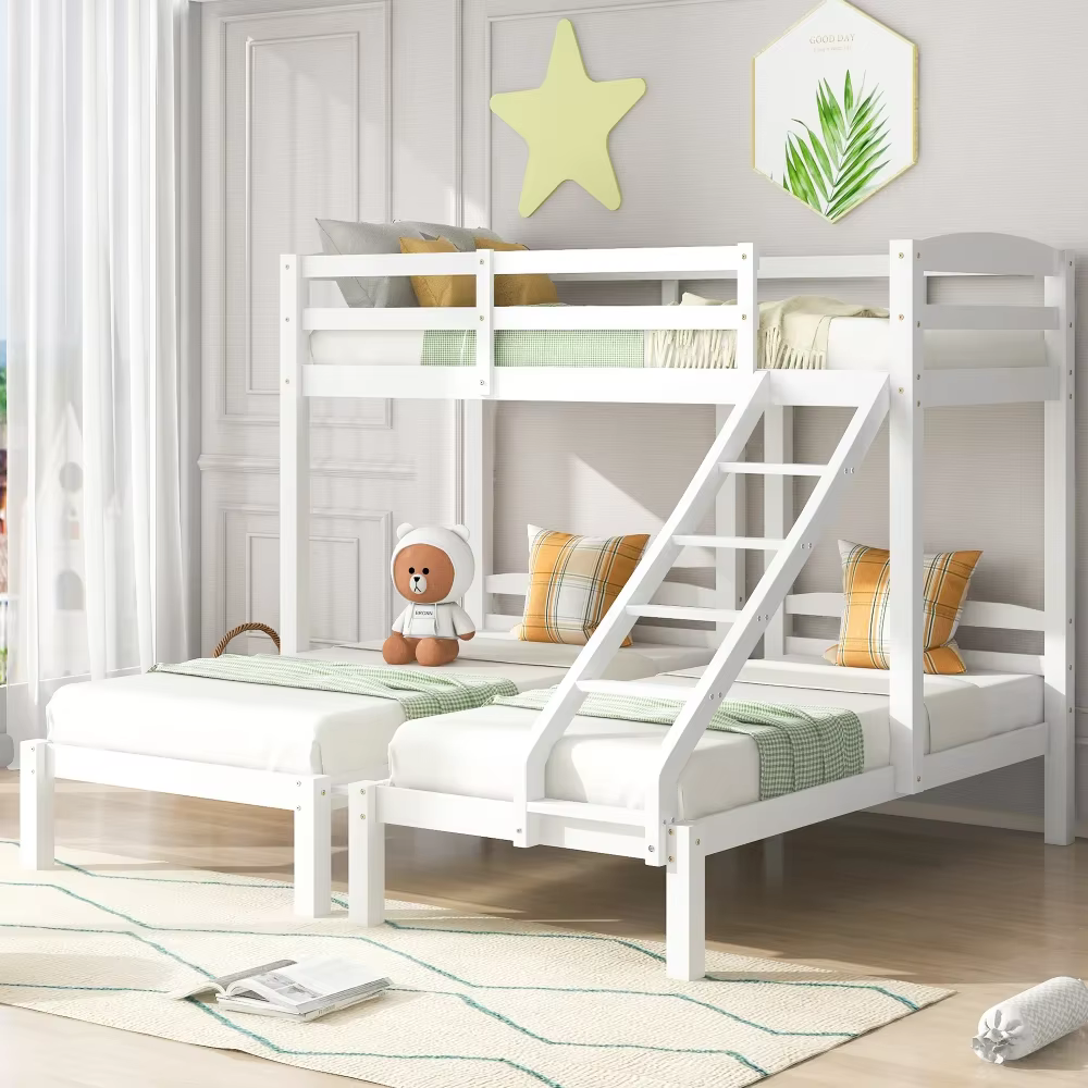 Bunk bed 90x200 cm, triple loft bed with fall protection, slatted frame and table, white (without mattress)