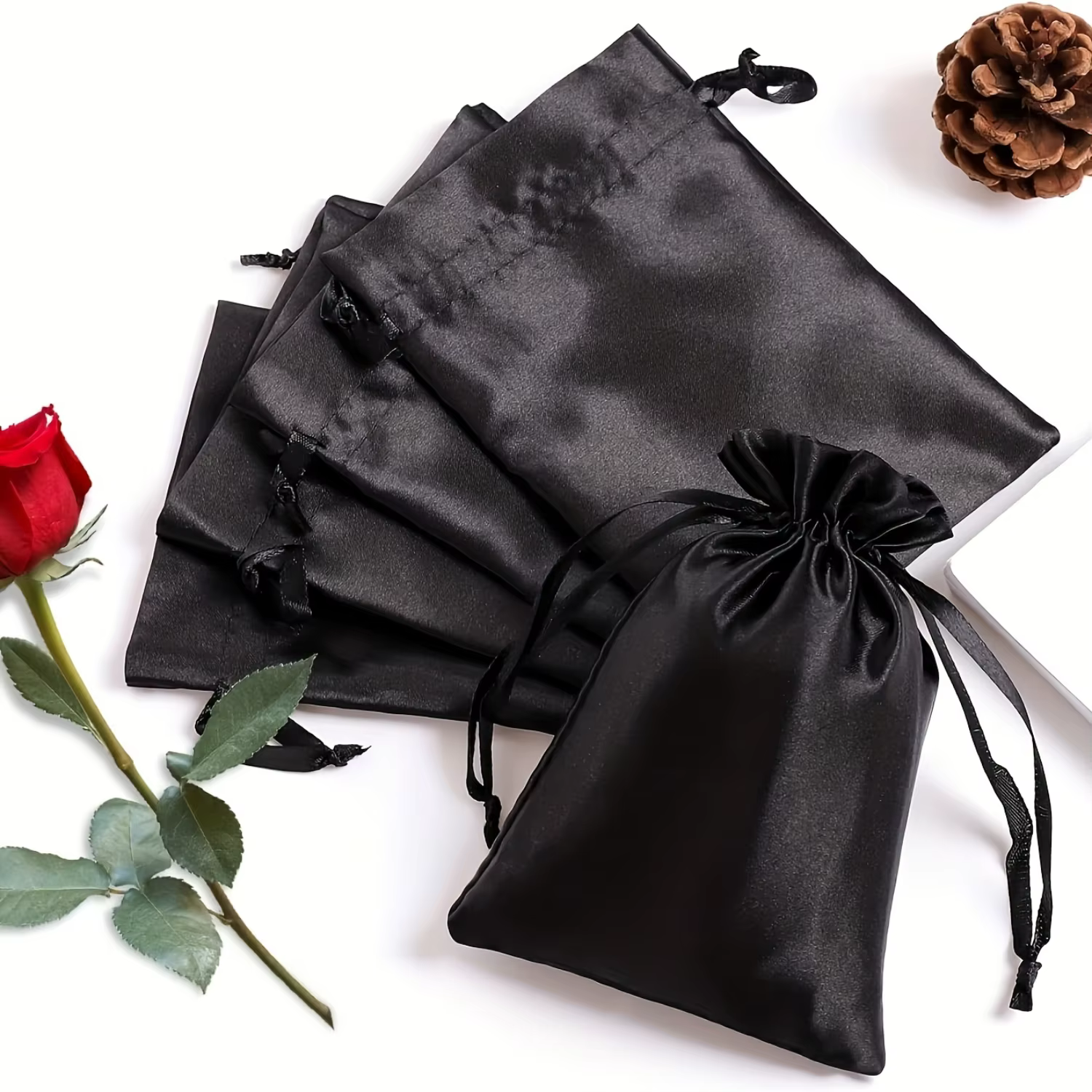 50pcs, Luxurious Black Satin Drawstring Gift Bags - Perfect for Jewelry, Party Favors, and Small Gifts - Reusable, Soft, and Dur