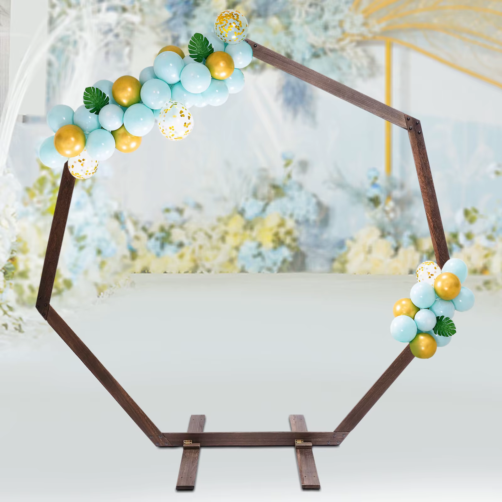 Heptagonal Wood Wedding Arch 7.2 FT. Rustic Farmhouse Theme Backdrop Stand Decoration