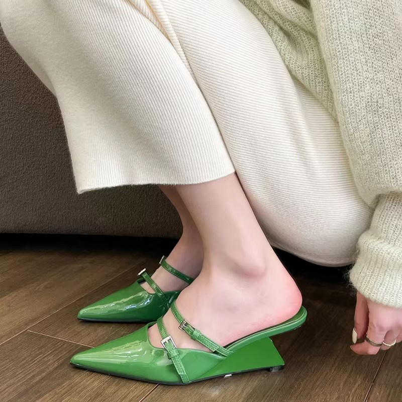 FHANCHU 23 New Design Wedges Slippers,Fashion Summer High Heels Slides,Outside Wear Shoes,Pointed Toe,Black,Beige,Green,Dropship