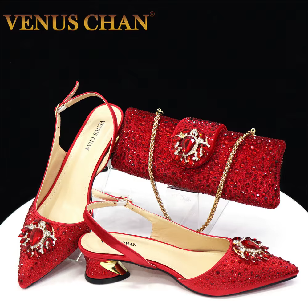 Venus Chan New Fashionable Red Color Pointed Top Ladies Shoes Matching Bag Set For Nigerian Women Wedding Party Pump