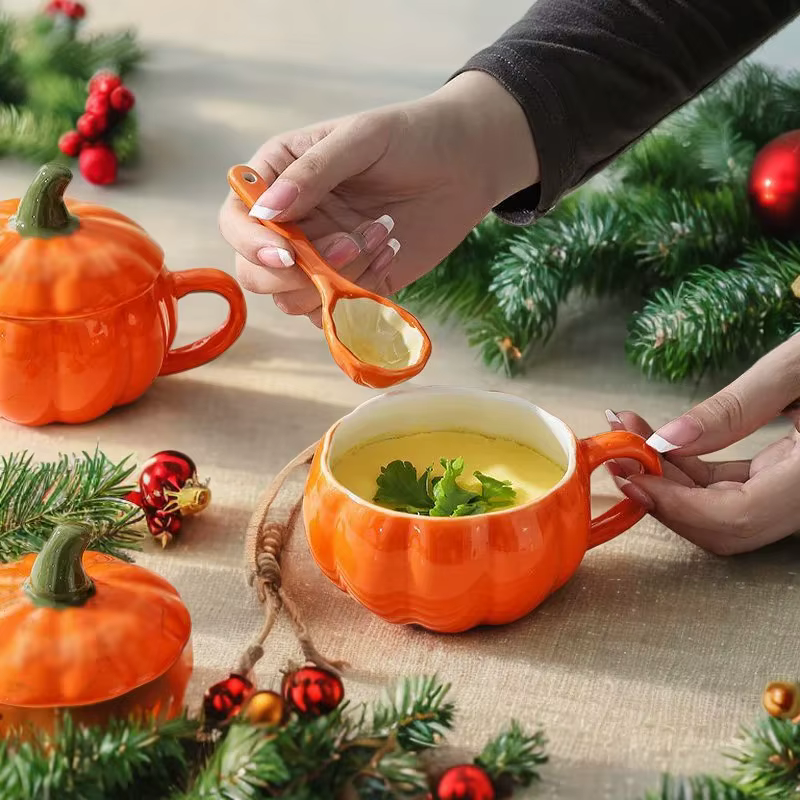 Halloween Creative Pumpkin Mug Ceramic Cup With Spoon Soup Mug With Lid Oatmeal breakfast Cup For kids Tea Milk Coffee Cup Mate