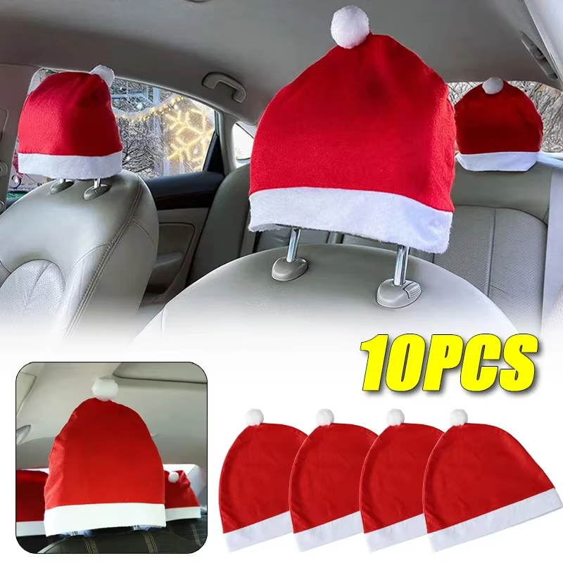 Christmas Car Seat Headrest Cover Christmas Ornaments Seat Protection Santa Hat Car Decoration Car Seat Accessories