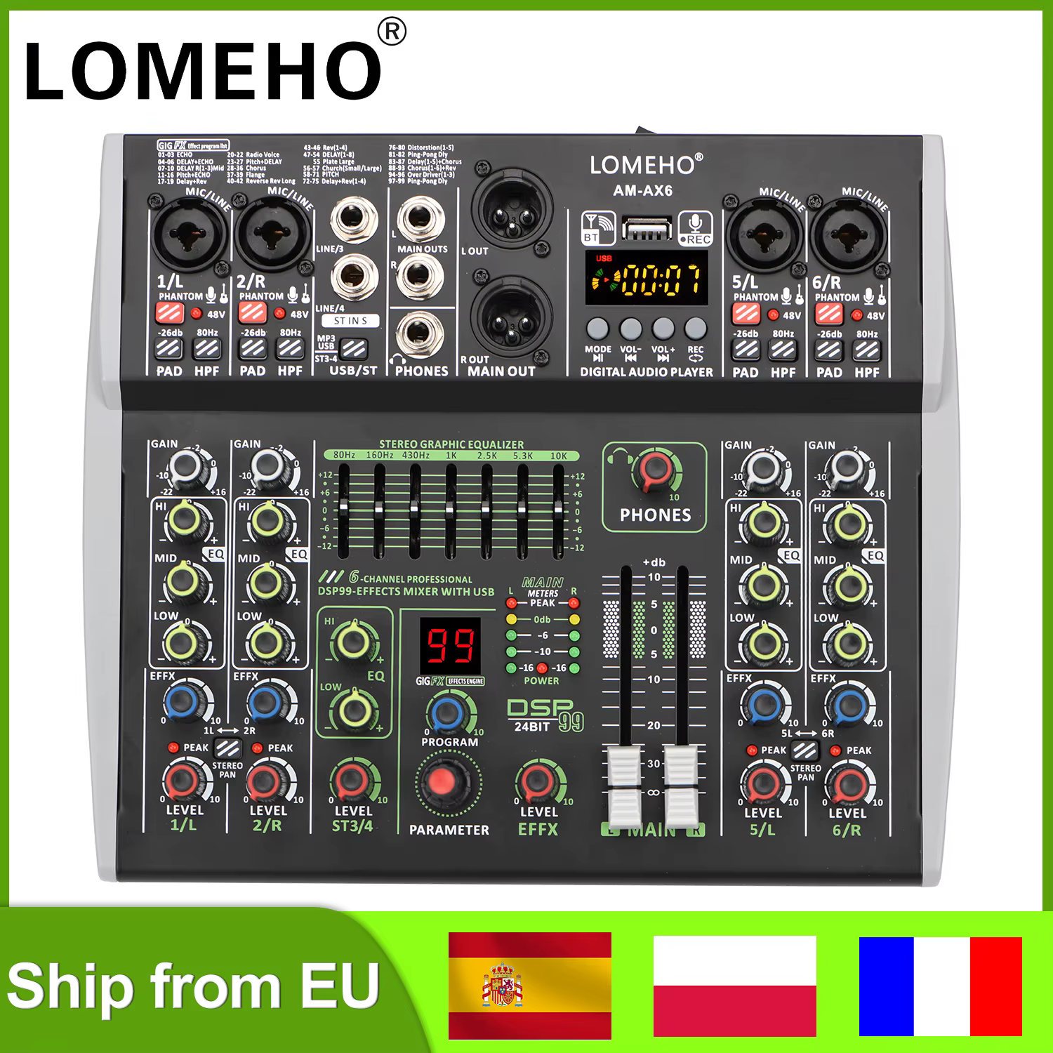 LOMEHO Mini 6 Channel Sound Mixer 99 DSP 48V 7 Band EQ Audio Mixing Console Bluetooth-compatible USB PC Play Record AM-AX6